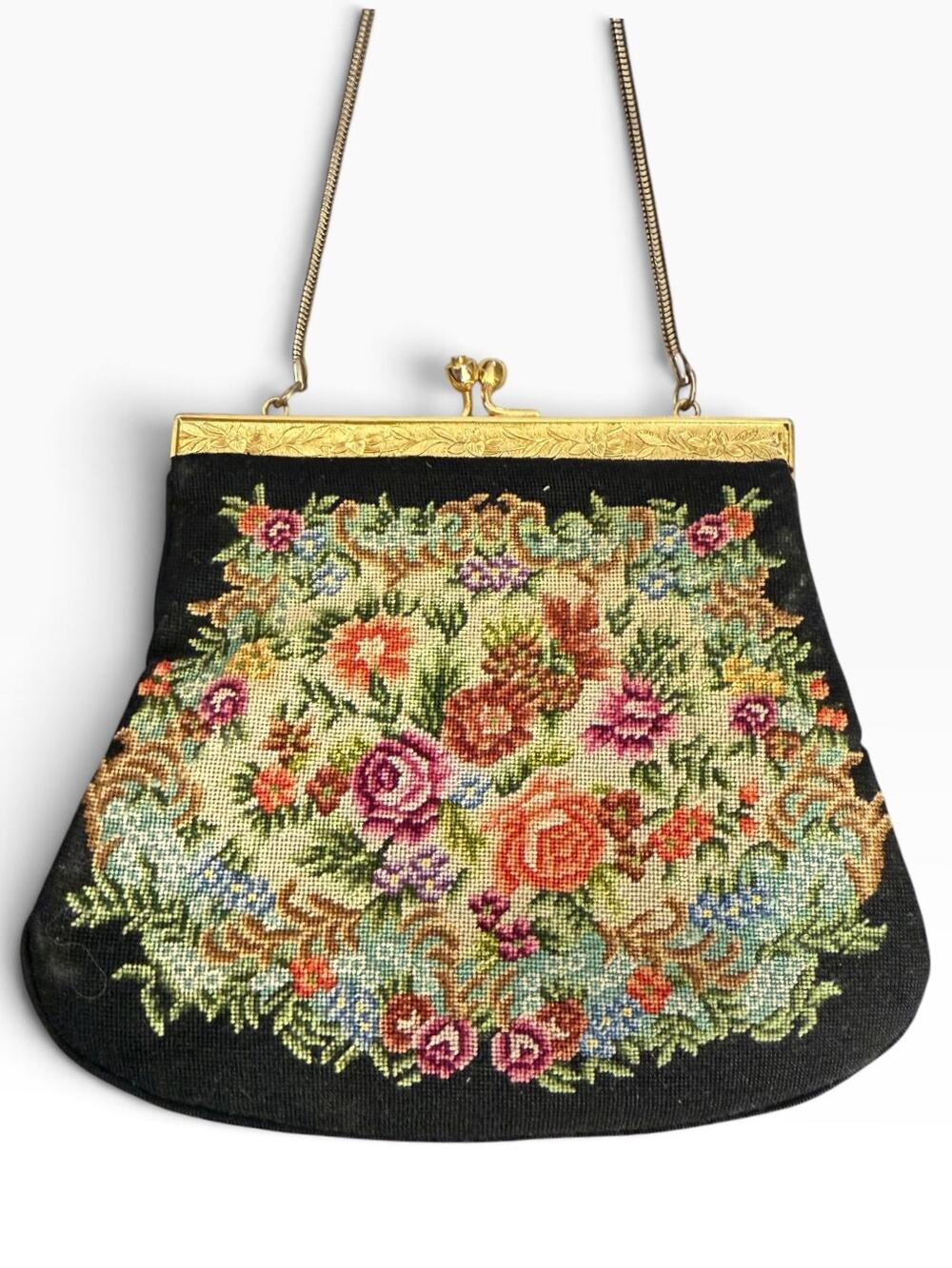 Vintage Floral Needlepoint Tapestry Purse Gold Tone Frame Chain Evening Handbag
